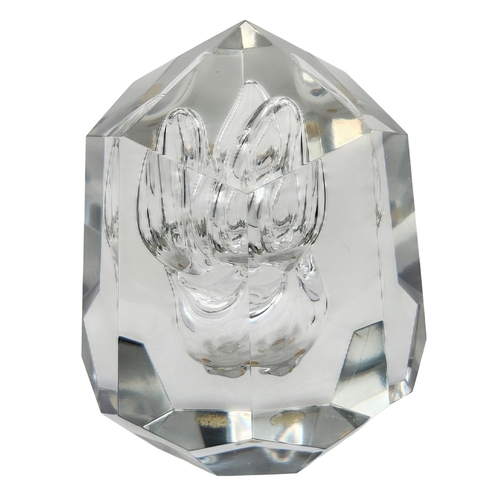 Mid-Century Modernist Crystal Orchid Paperweight Clear Art Glass Sculpture Signd